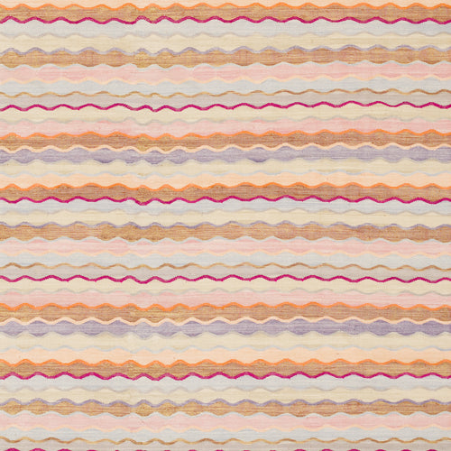 Patterned rug with wavy lines in various colors on a light background