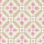 Detail of wallpaper in a painterly botanical grid in shades of pink and tan on a white field.