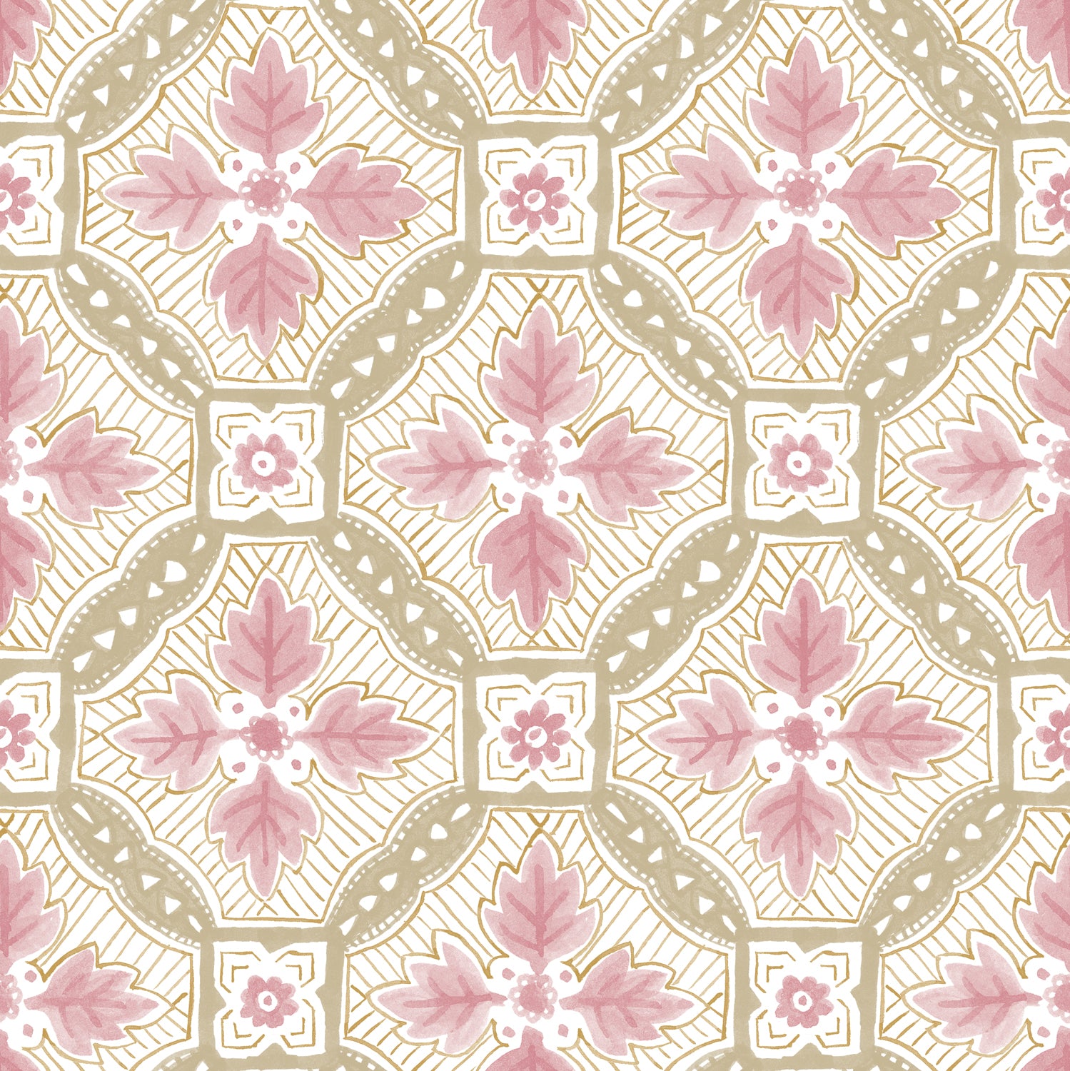 Detail of wallpaper in a painterly botanical grid in shades of pink and tan on a white field.