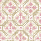 Detail of wallpaper in a painterly botanical grid in shades of pink and tan on a white field.