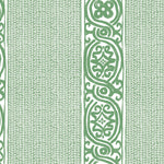 Detail of wallpaper in a painterly stripe print in green on a white field.