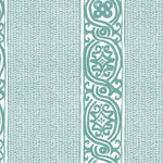 Detail of wallpaper in a painterly stripe print in teal on a white field.