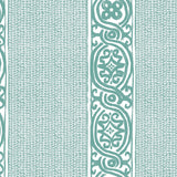 Detail of wallpaper in a painterly stripe print in teal on a white field.