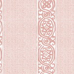 Detail of wallpaper in a painterly stripe print in light pink on a white field.