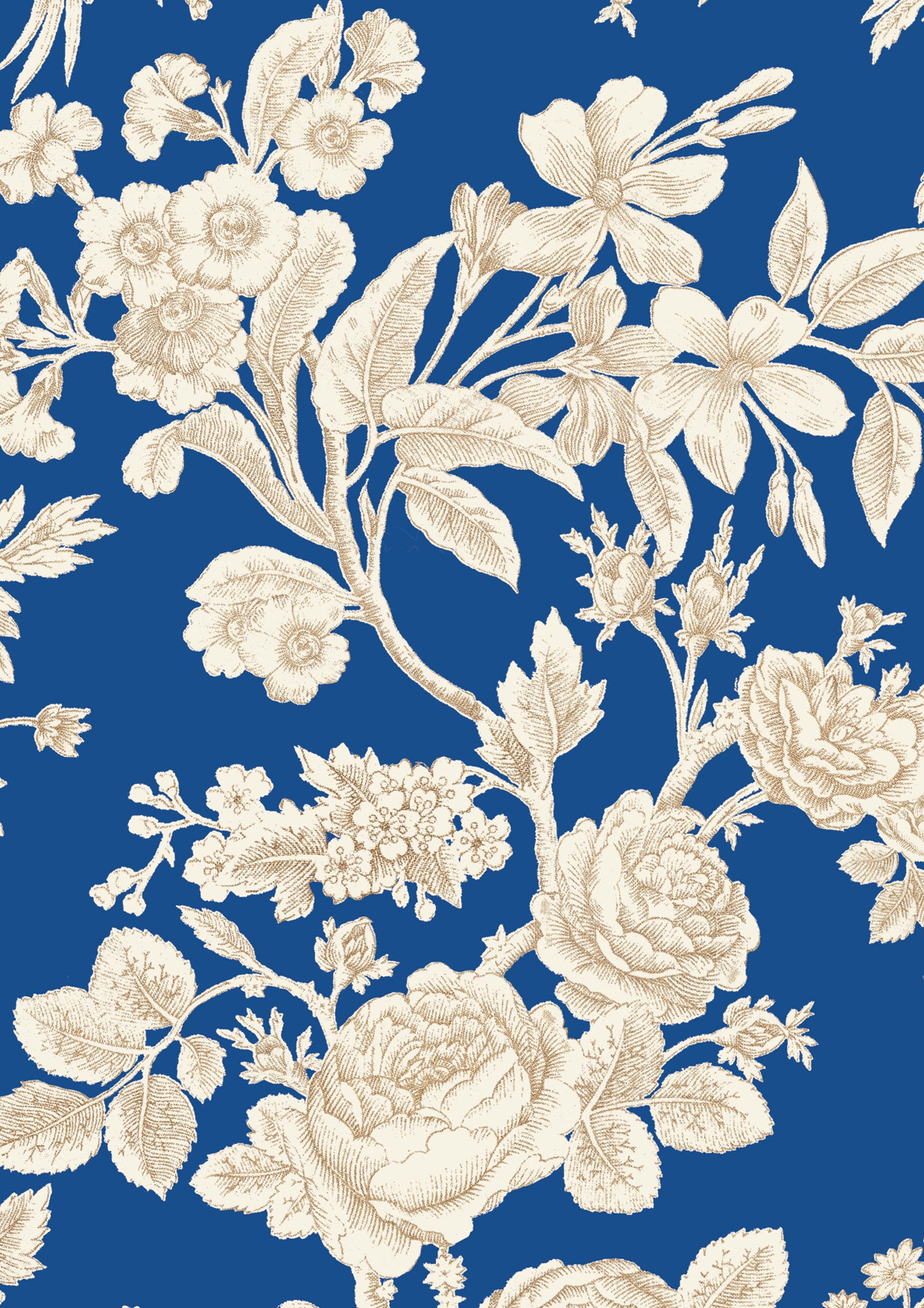 Detail of wallpaper in a classic floral print in tan and white on a navy field.