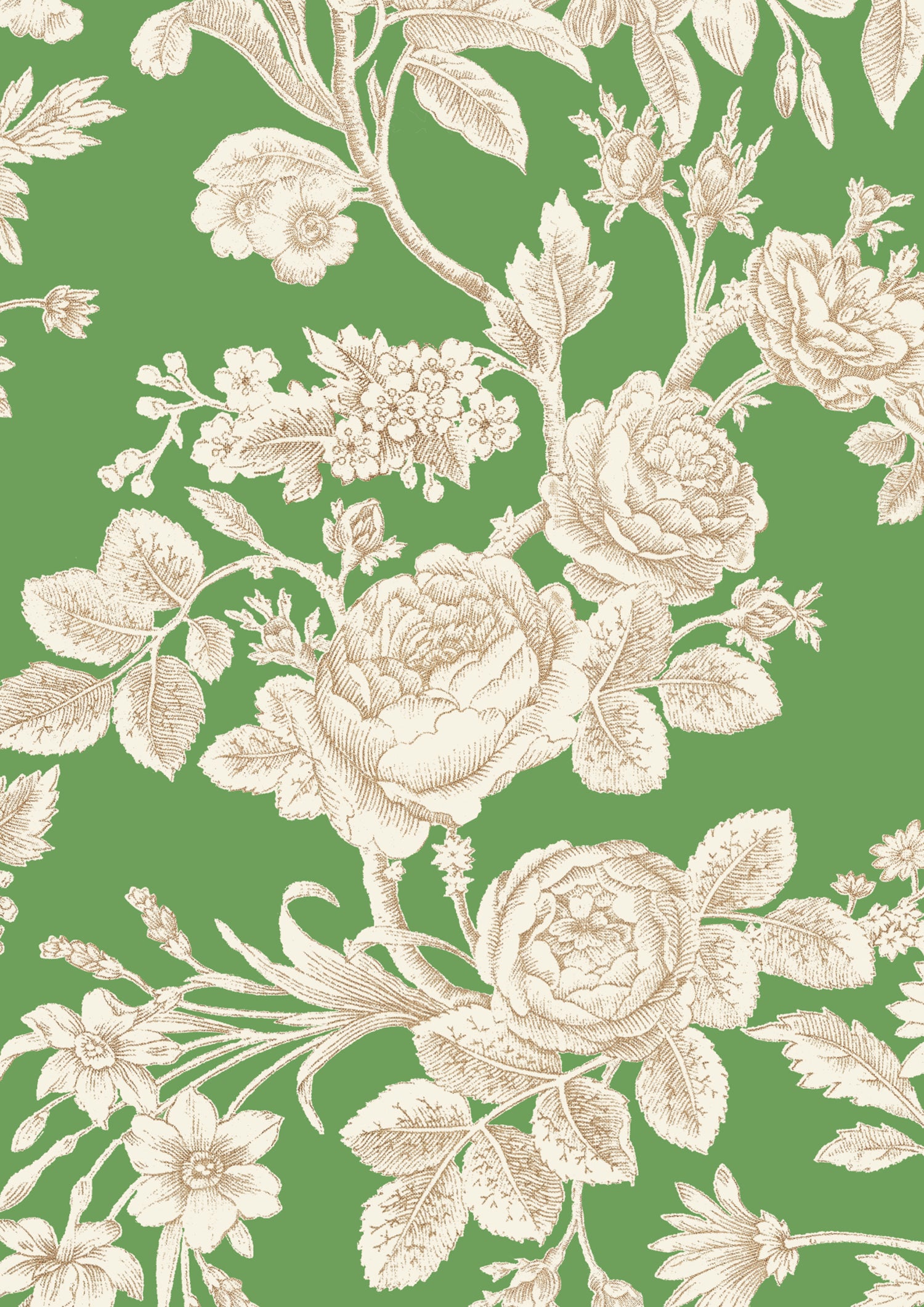 Detail of wallpaper in a classic floral print in tan and white on a green field.