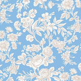 Detail of wallpaper in a classic floral print in tan and white on a blue field.