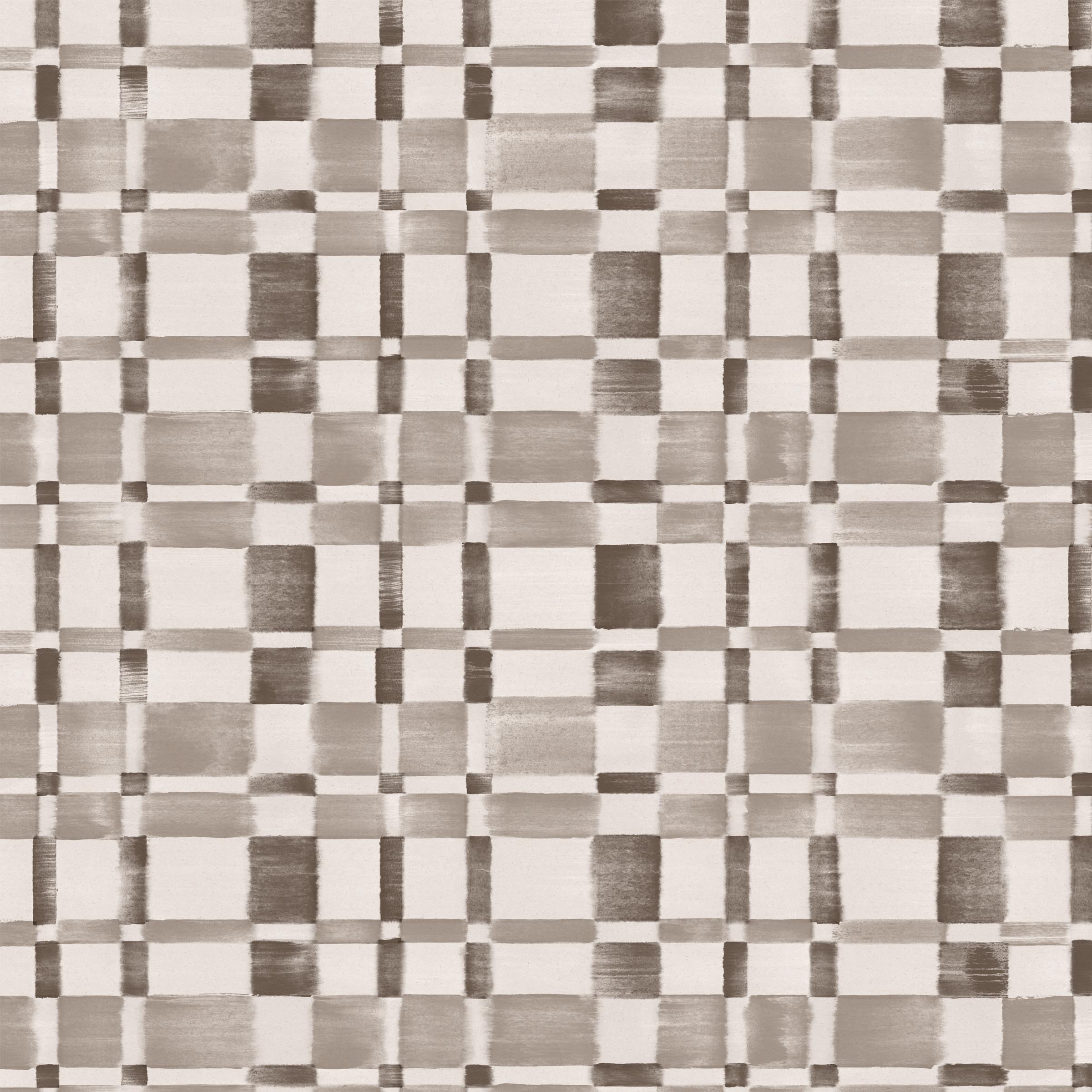 Detail of wallpaper in a large-scale checked pattern in shades of greige and white.