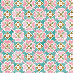 Detail of wallpaper in a floral lattice print in pink, brown, teal and white.