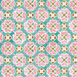 Detail of wallpaper in a floral lattice print in pink, brown, teal and white.