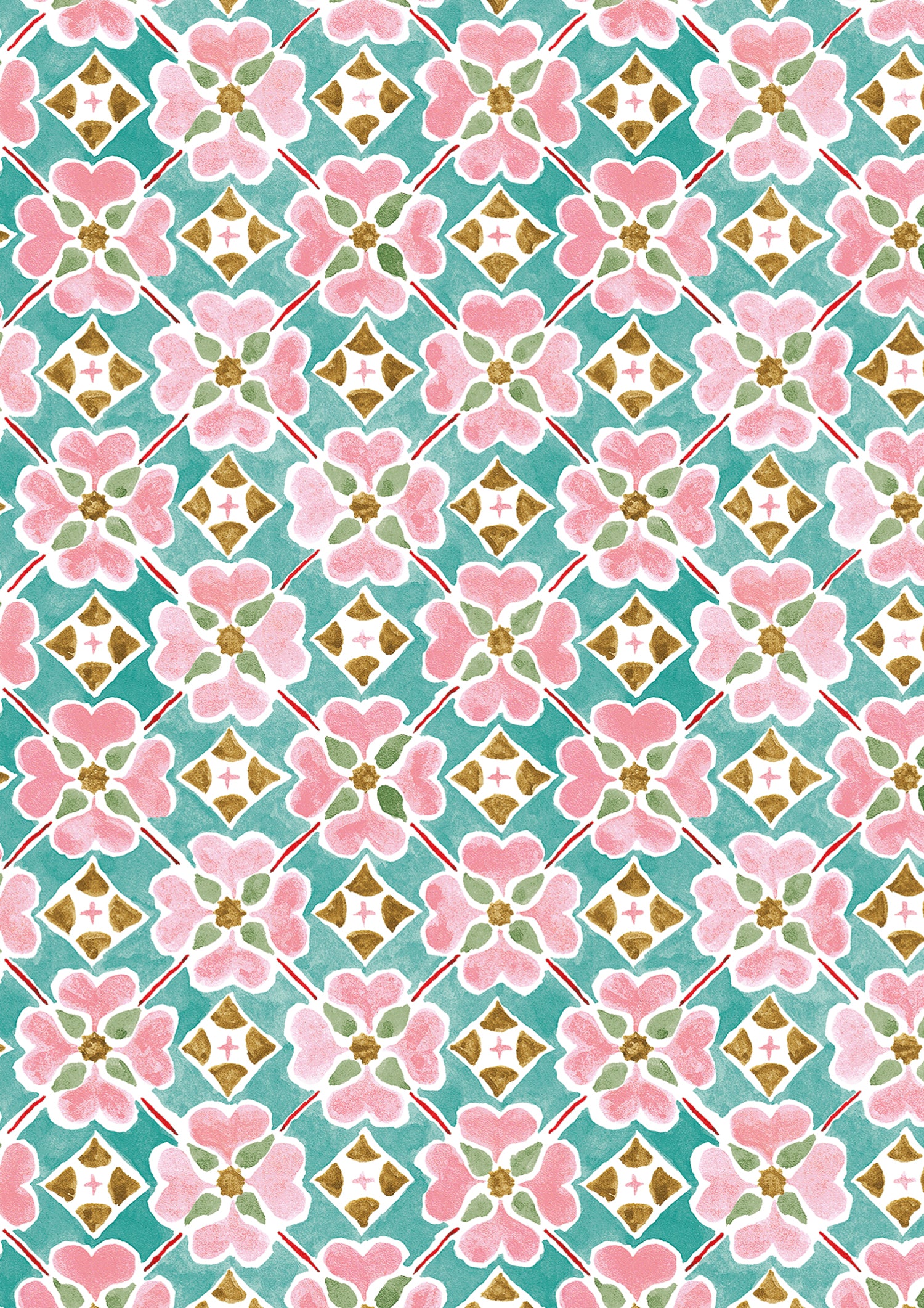 Detail of wallpaper in a floral lattice print in pink, brown, teal and white.