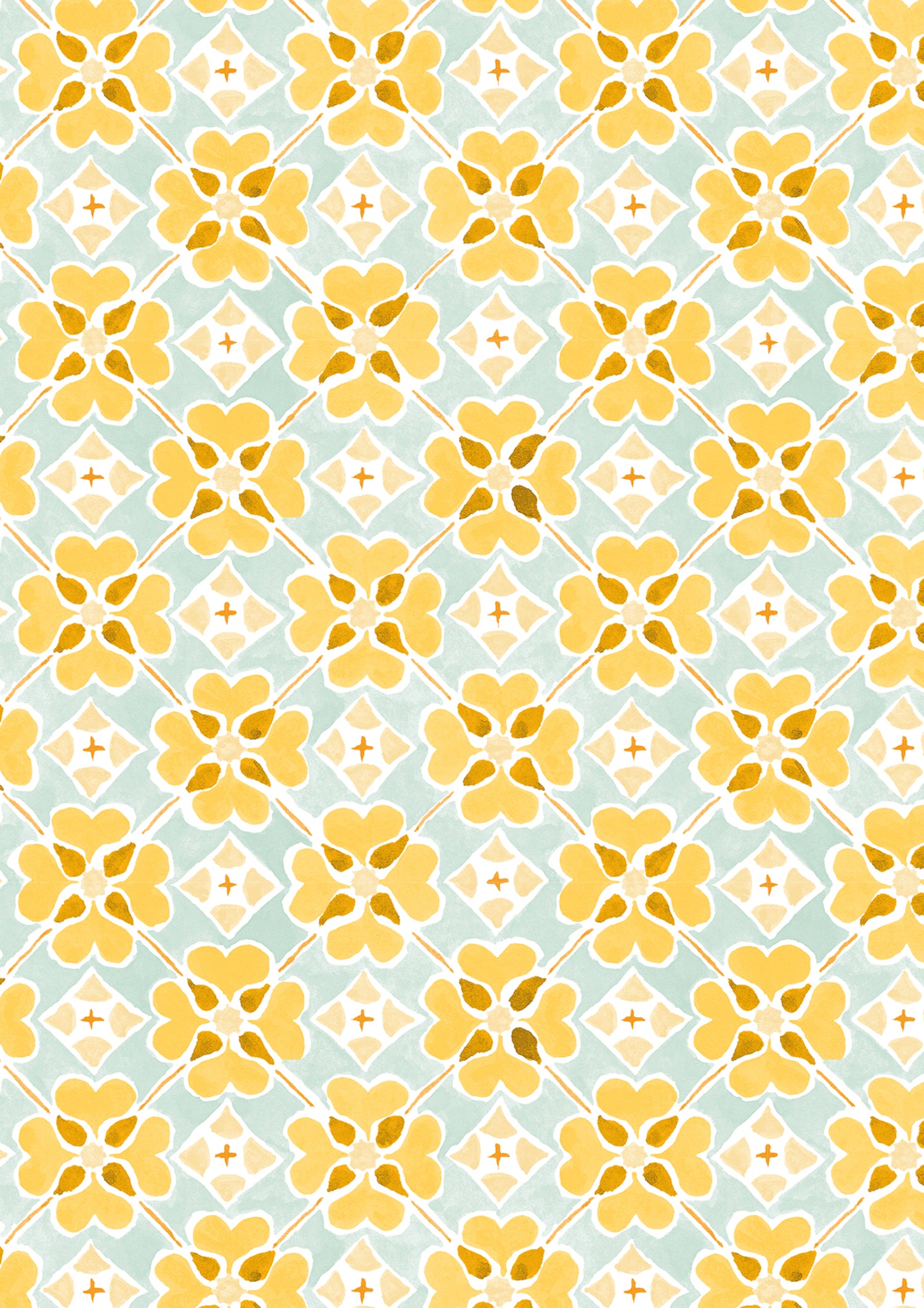 Detail of wallpaper in a floral lattice print in light blue, yellow, brown and white.