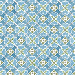 Detail of wallpaper in a floral lattice print in blue, green and white.