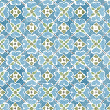 Detail of wallpaper in a floral lattice print in blue, green and white.