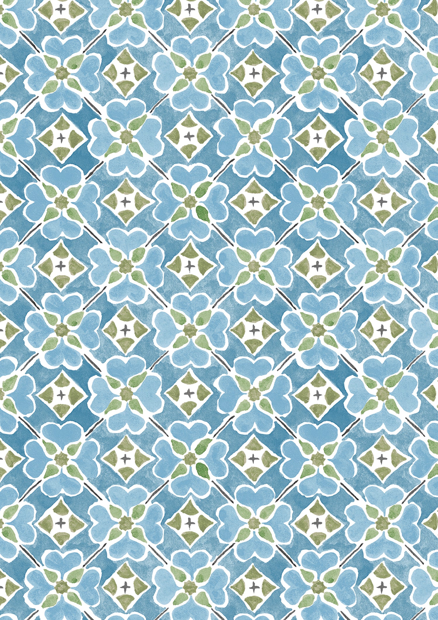 Detail of wallpaper in a floral lattice print in blue, green and white.