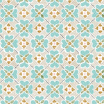 Detail of wallpaper in a floral lattice print in teal, tan, brown and white.