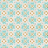 Detail of wallpaper in a floral lattice print in teal, tan, brown and white.