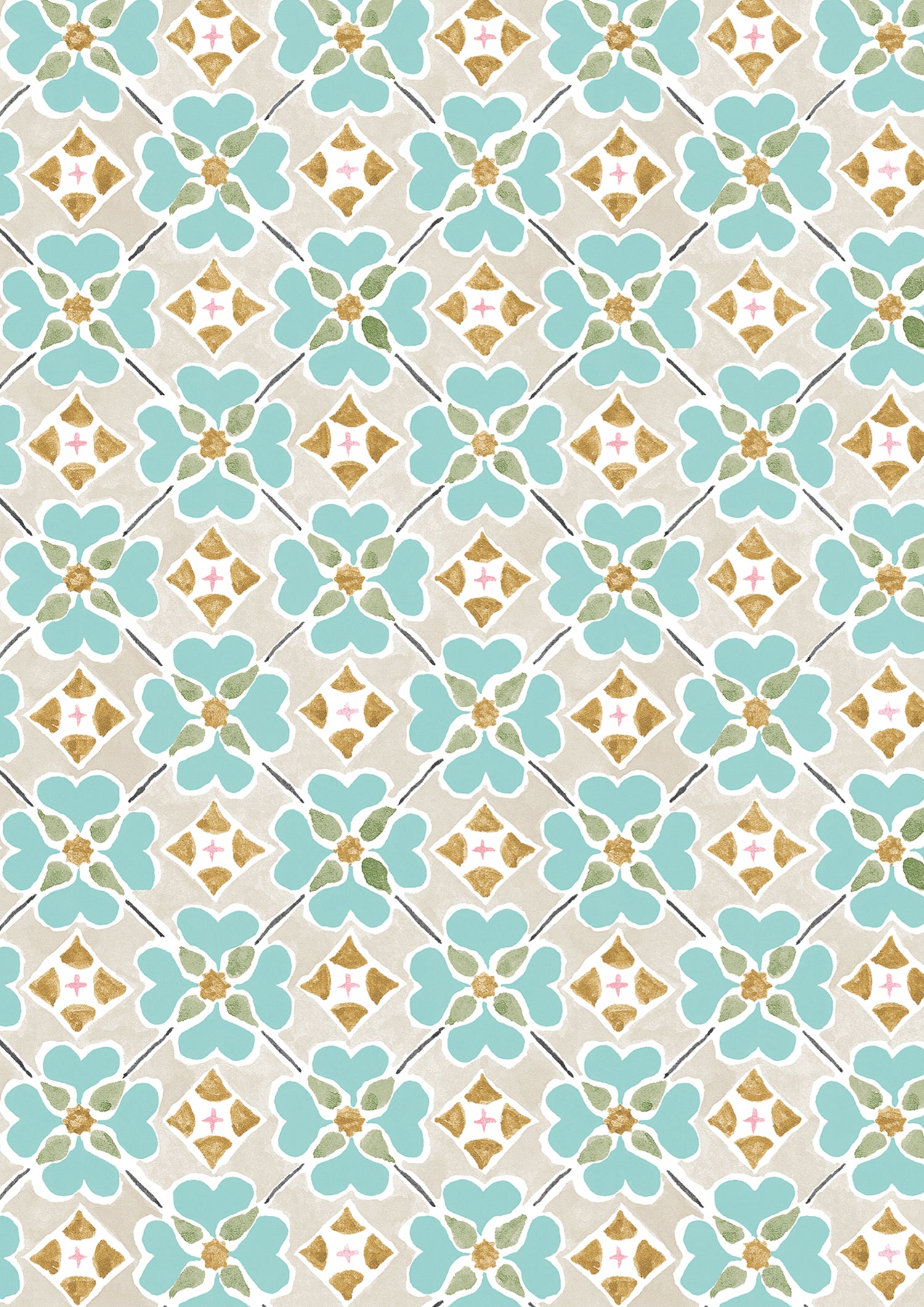 Detail of wallpaper in a floral lattice print in teal, tan, brown and white.