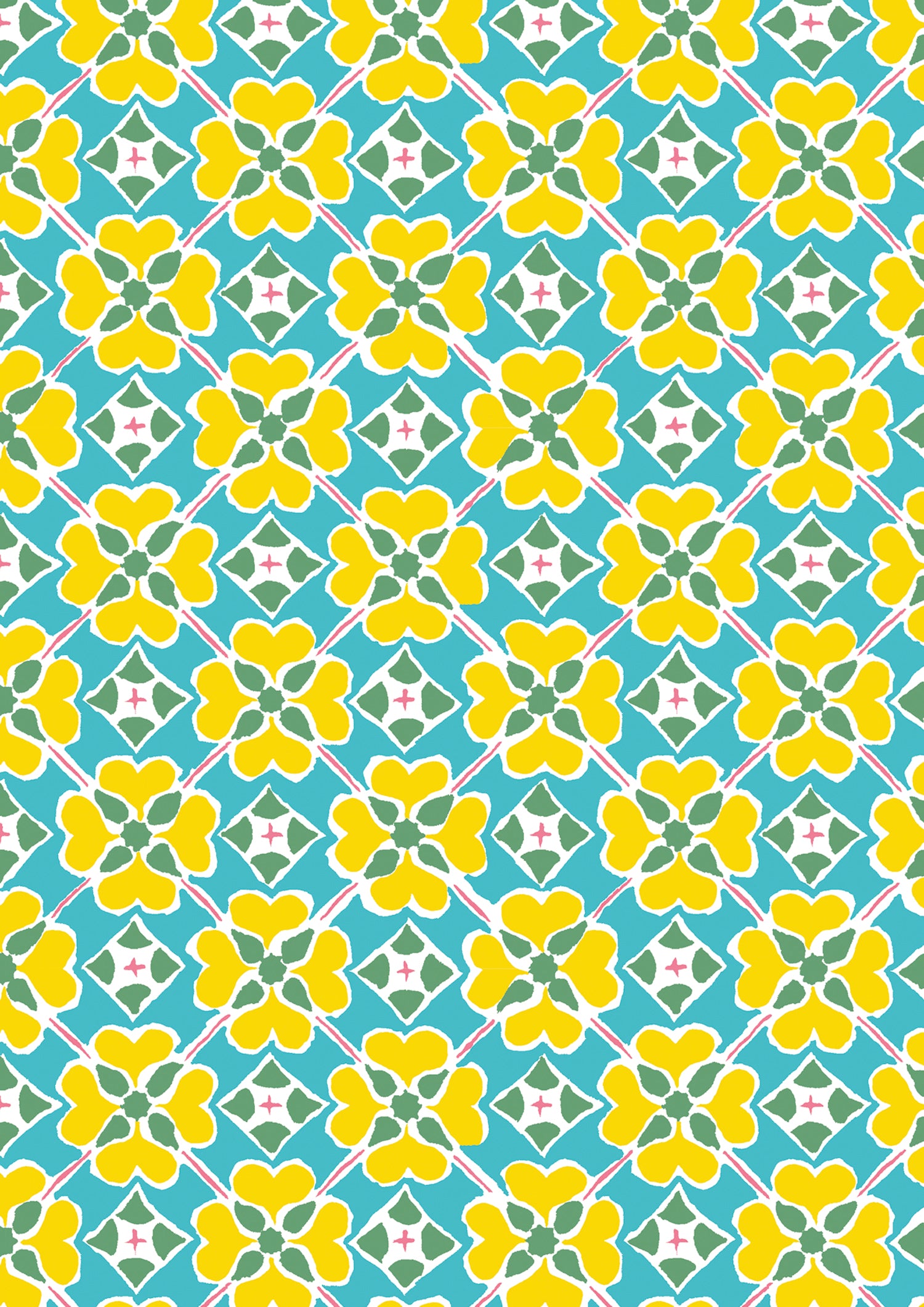 Detail of wallpaper in a floral lattice print in yellow, pink, blue and white.