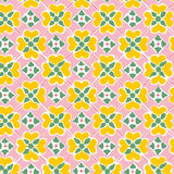 Detail of wallpaper in a floral lattice print in yellow, pink, green and white.