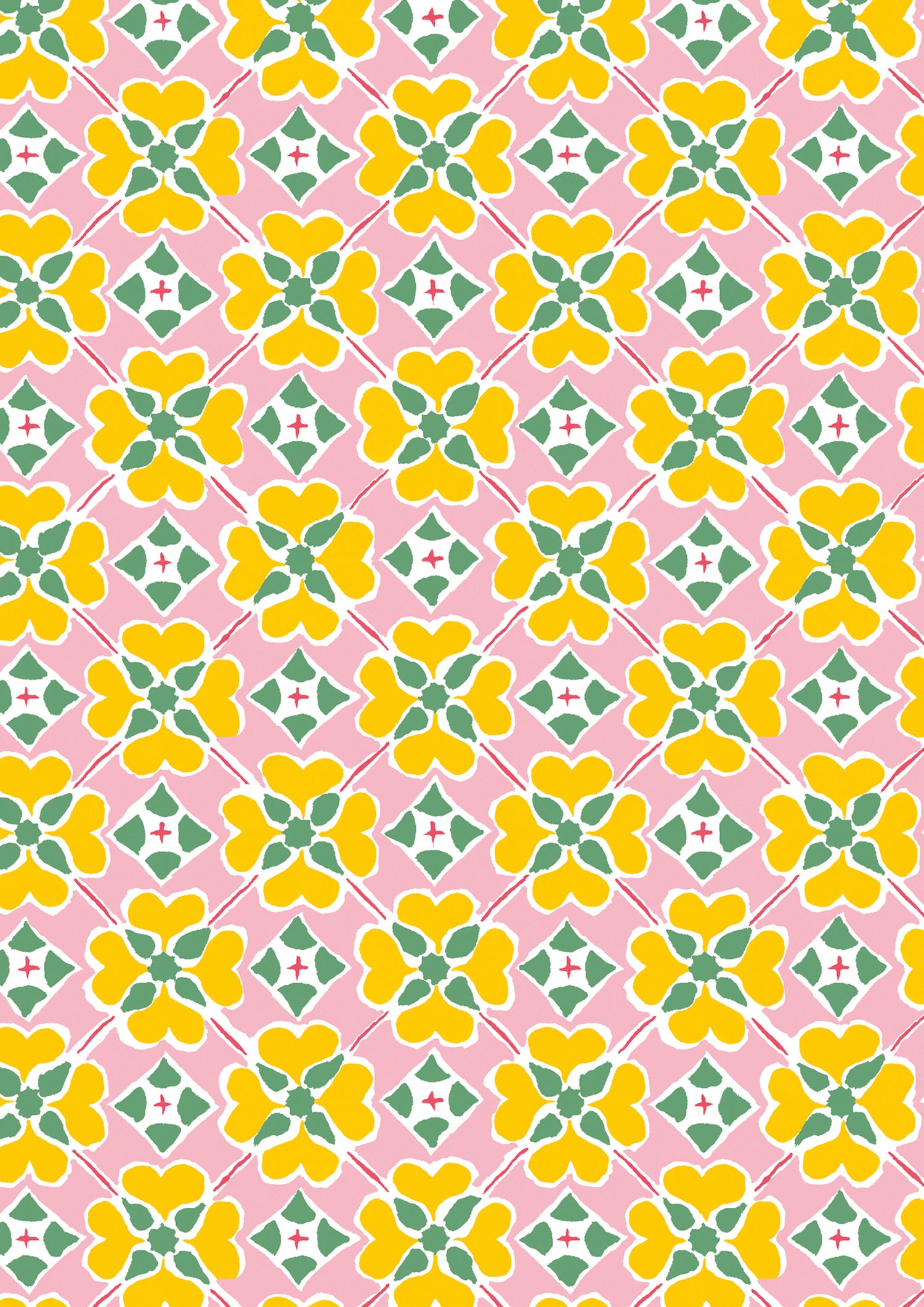 Detail of wallpaper in a floral lattice print in yellow, pink, green and white.