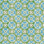 Detail of wallpaper in a floral lattice print in blue, green, brown and white.