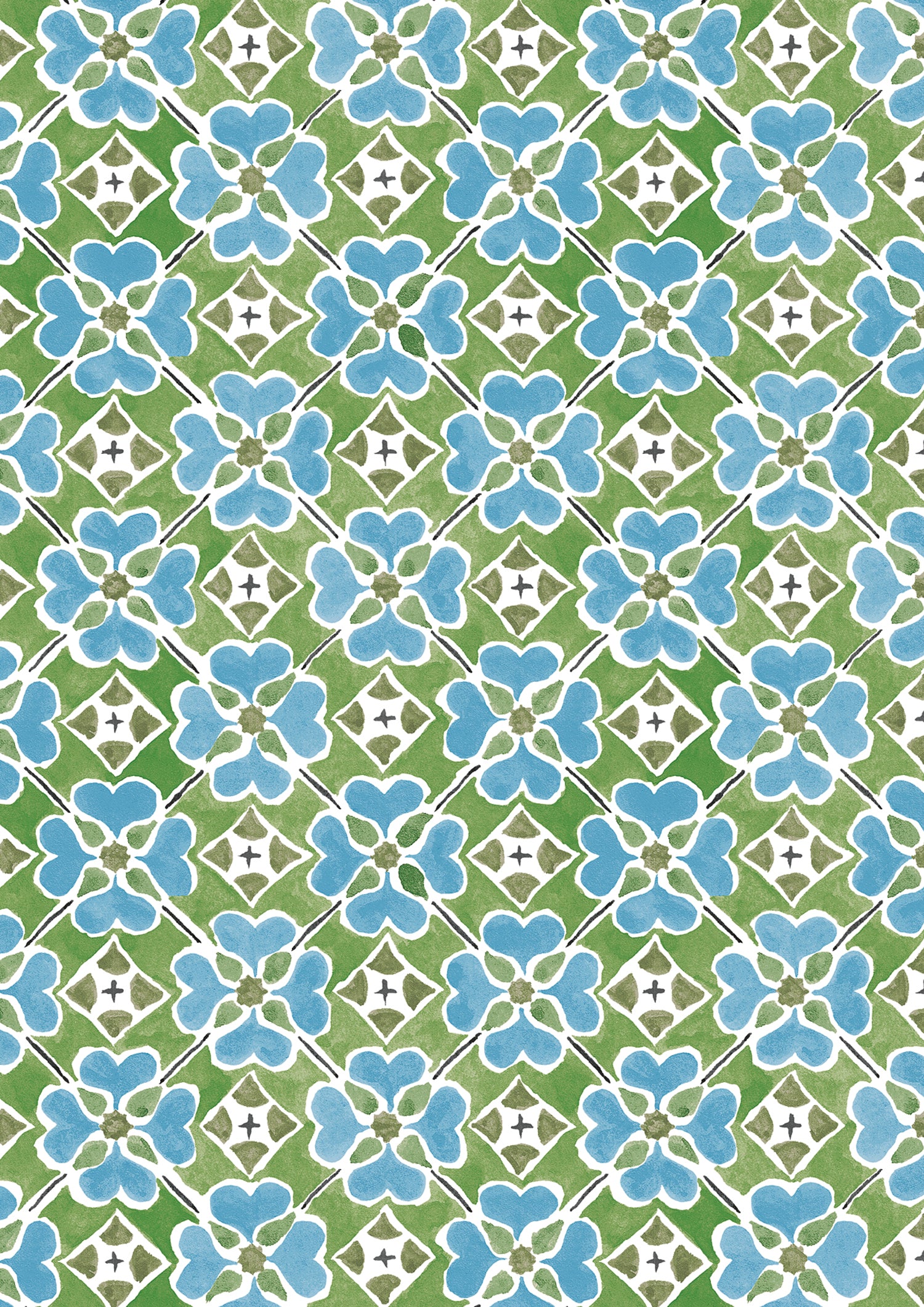 Detail of wallpaper in a floral lattice print in blue, green, brown and white.