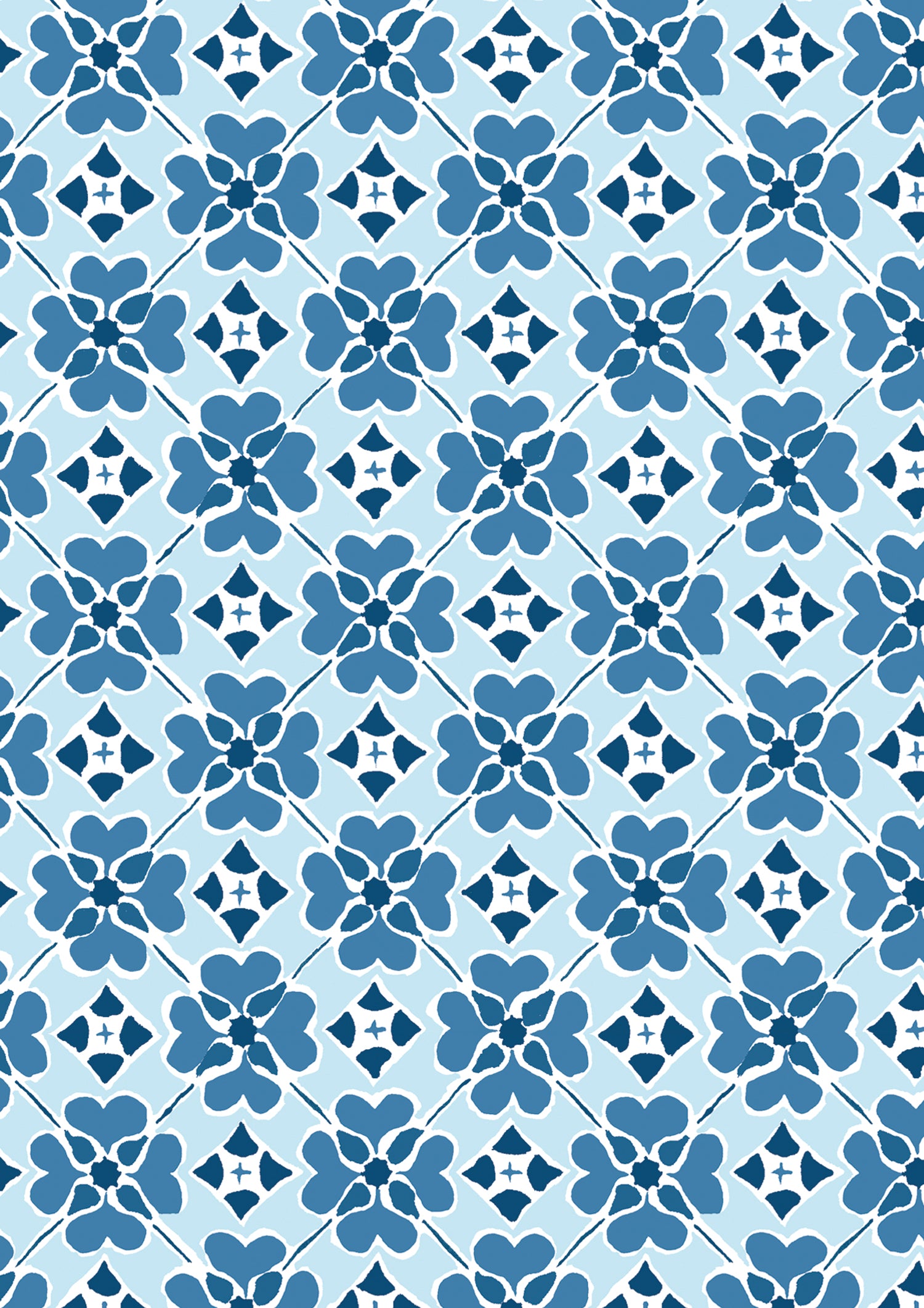 Detail of wallpaper in a floral lattice print in blue, navy and white.