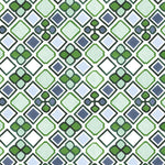 Detail of wallpaper in a geometric diamond and floral print in shades of green, purple and white.