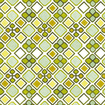 Detail of wallpaper in a geometric diamond and floral print in shades of green, yellow and white.