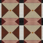 Detail of wallpaper in a geometric grid print in shades of brown, red, purple and black on a white field.