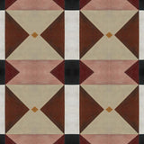 Detail of wallpaper in a geometric grid print in shades of brown, red, purple and black on a white field.