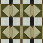 Detail of wallpaper in a geometric grid print in shades of green and brown on a cream field.