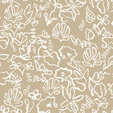 Detail of wallpaper in a painterly seashell print in white on a light pink field.