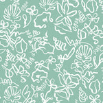 Detail of wallpaper in a painterly seashell print in white on a teal field.