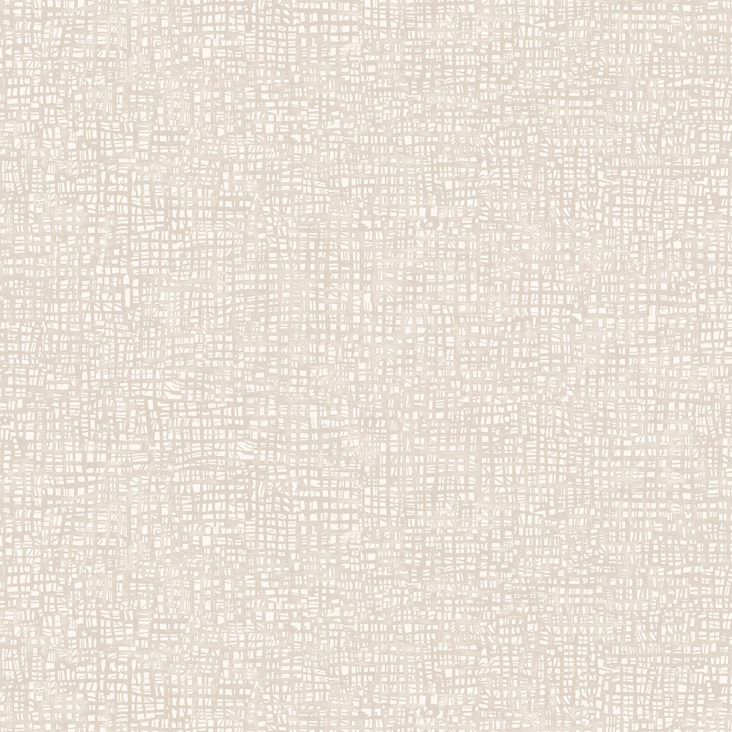 Detail of wallpaper in a textural wicker pattern in mottled cream on a white field.