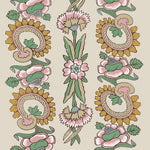 Detail of wallpaper in a dense floral stripe in green, brown and pink on a tan field.