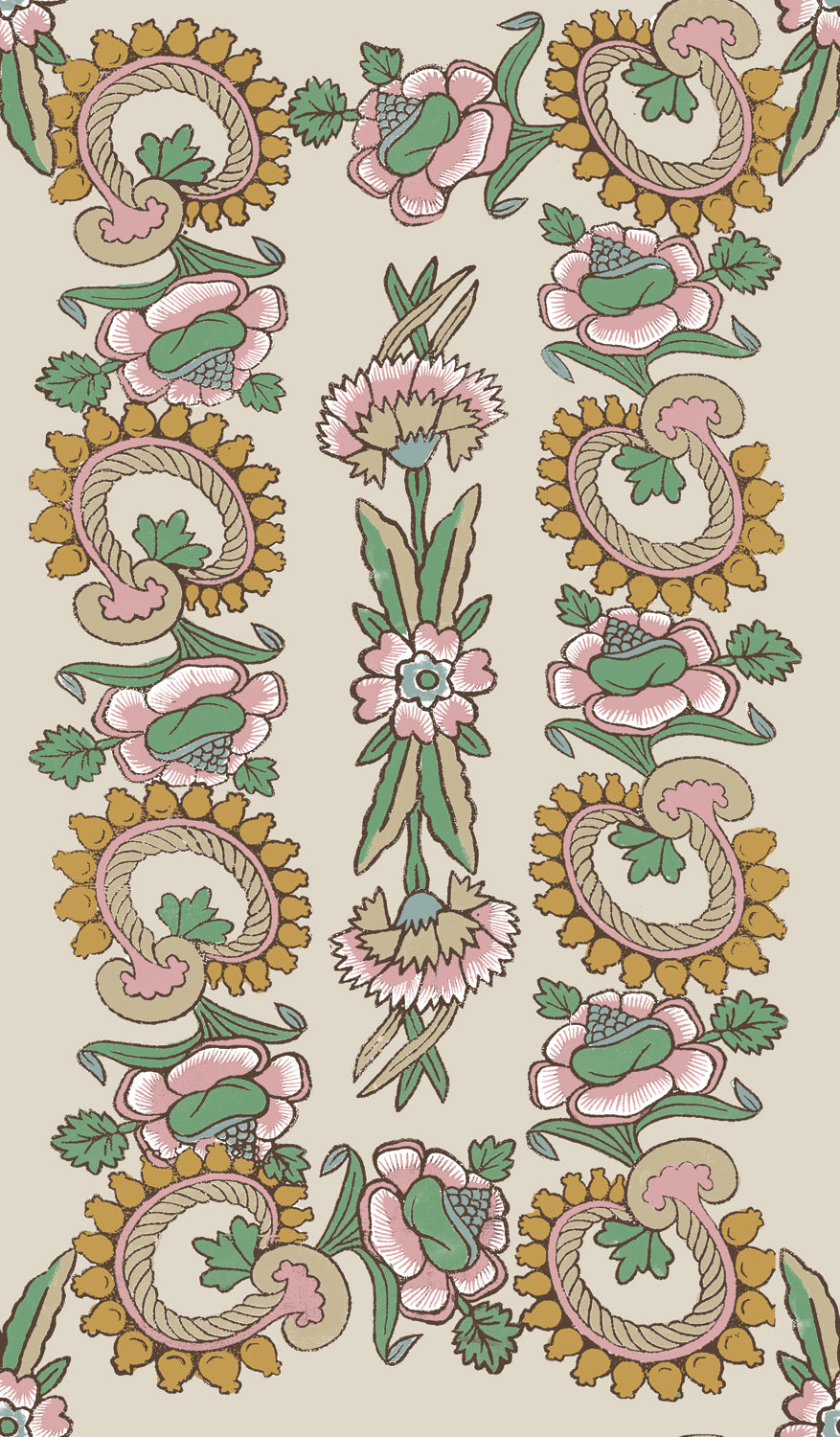 Detail of wallpaper in a dense floral stripe in green, brown and pink on a tan field.