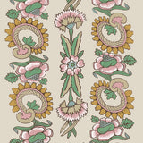 Detail of wallpaper in a dense floral stripe in green, brown and pink on a tan field.