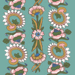 Detail of wallpaper in a dense floral stripe in green, brown and pink on a teal field.