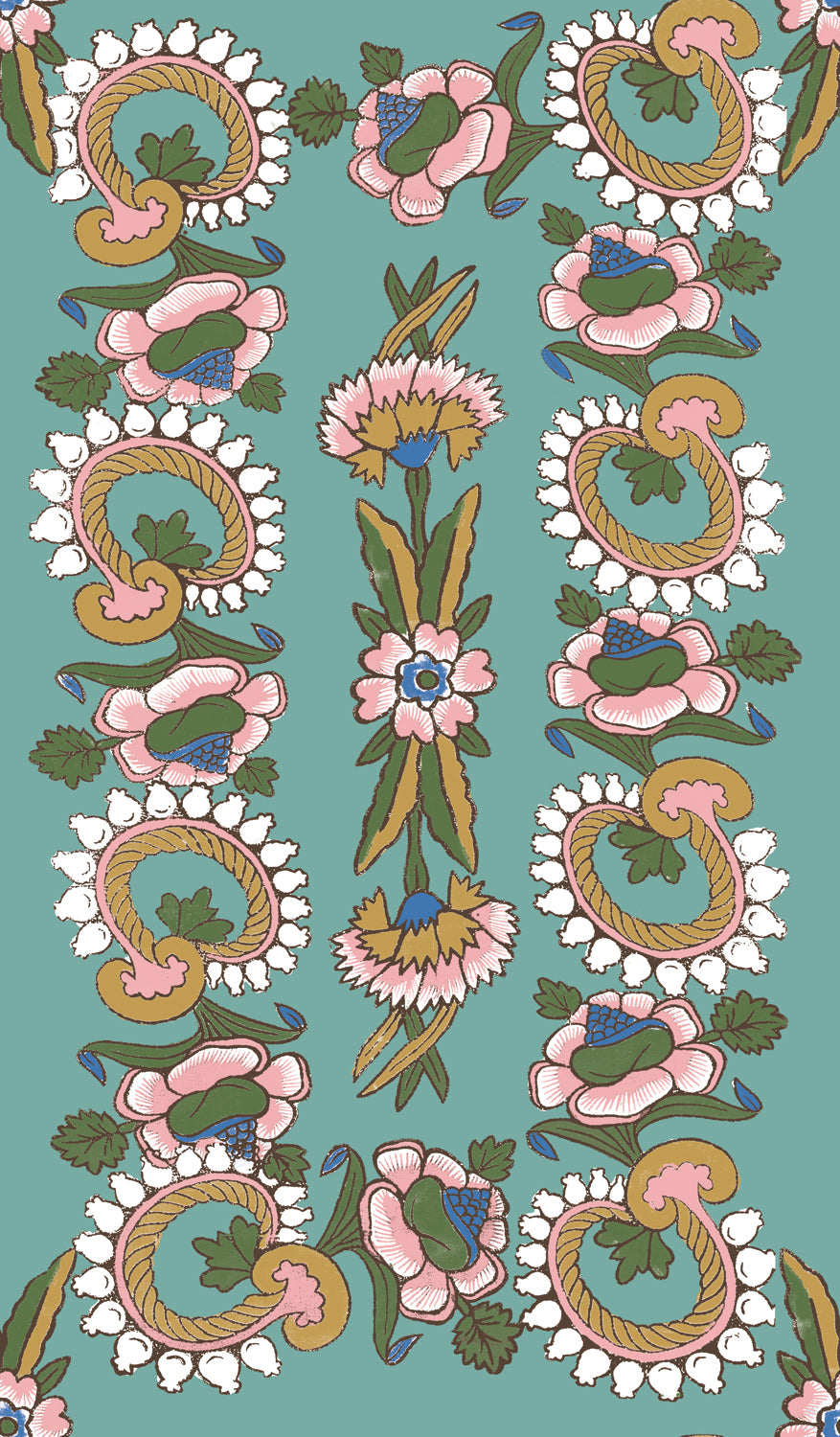 Detail of wallpaper in a dense floral stripe in green, brown and pink on a teal field.