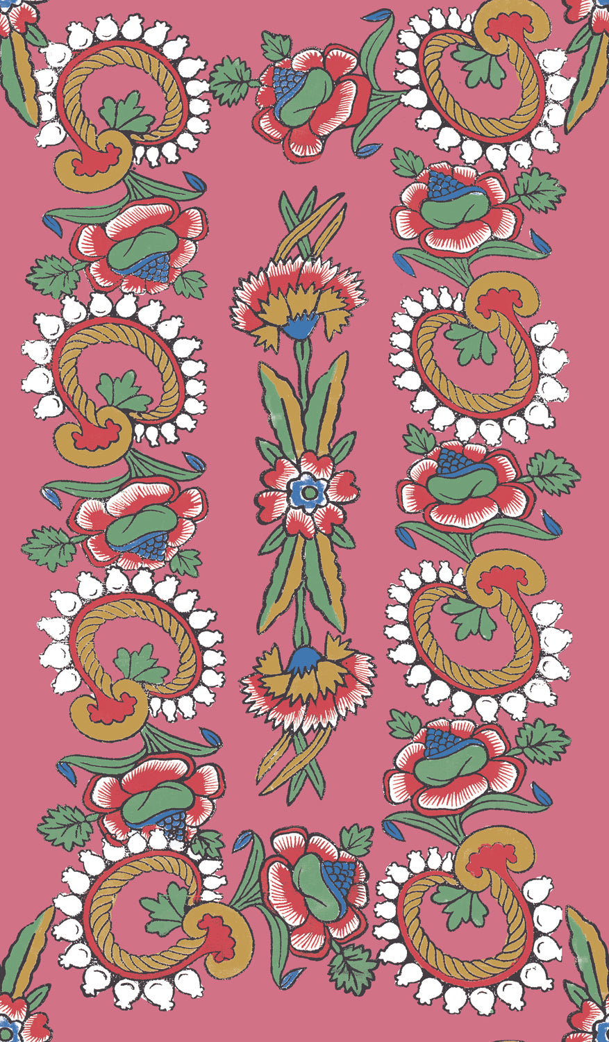 Detail of wallpaper in a dense floral stripe in red, green and blue on a dusty rose field.