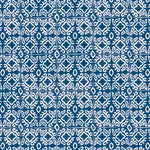 Detail of wallpaper in a gridded damask print in white on a navy field.