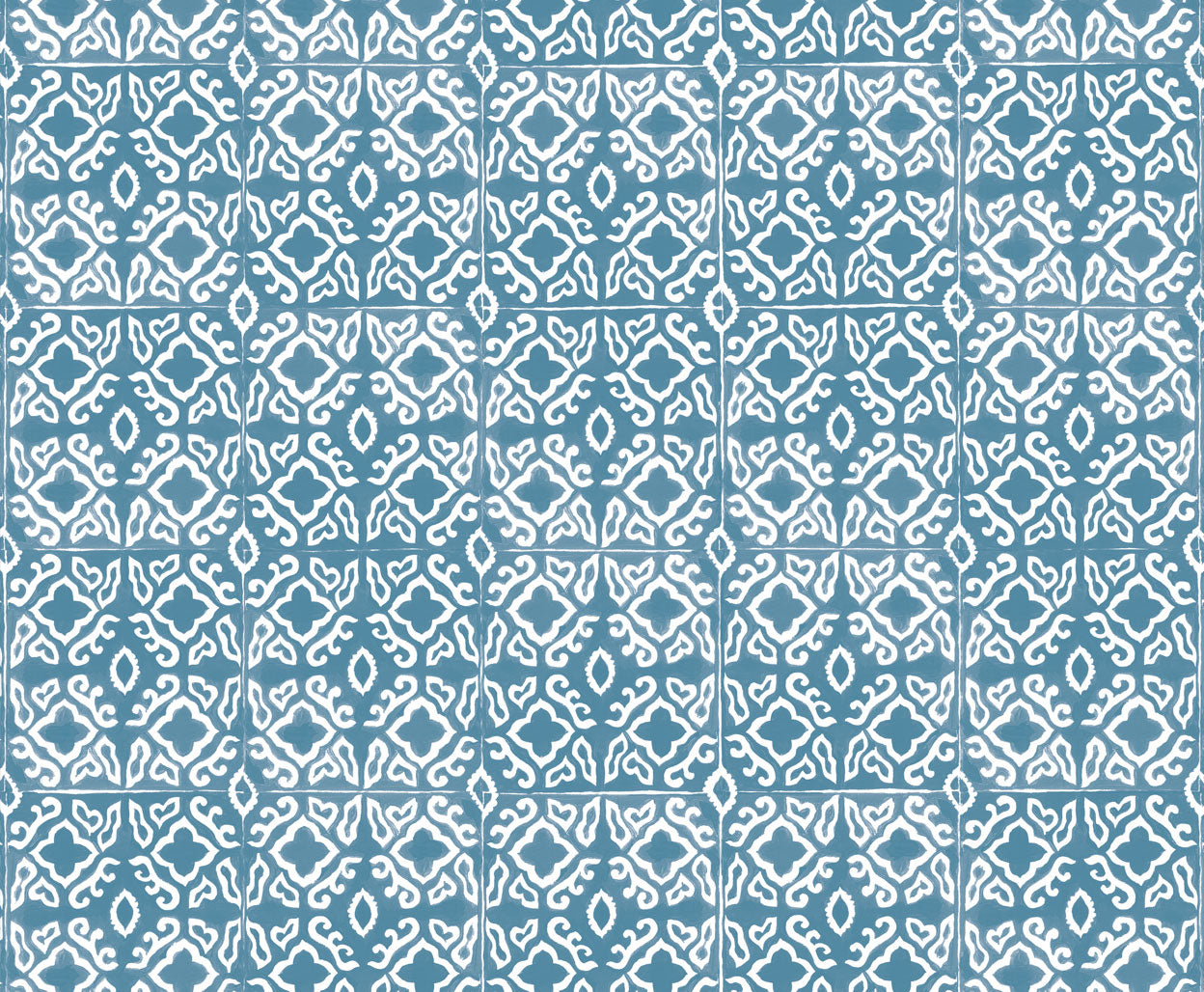 Detail of wallpaper in a gridded damask print in white on a blue field.