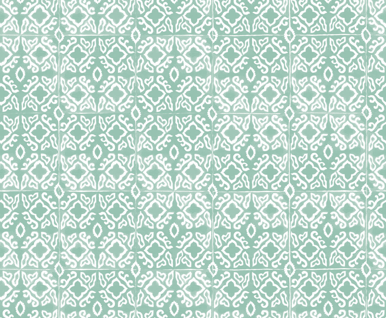 Detail of wallpaper in a gridded damask print in white on a teal field.