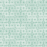 Detail of wallpaper in a gridded damask print in white on a teal field.