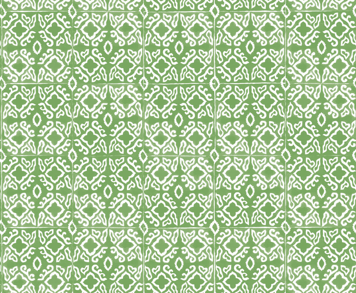 Detail of wallpaper in a gridded damask print in white on a green field.