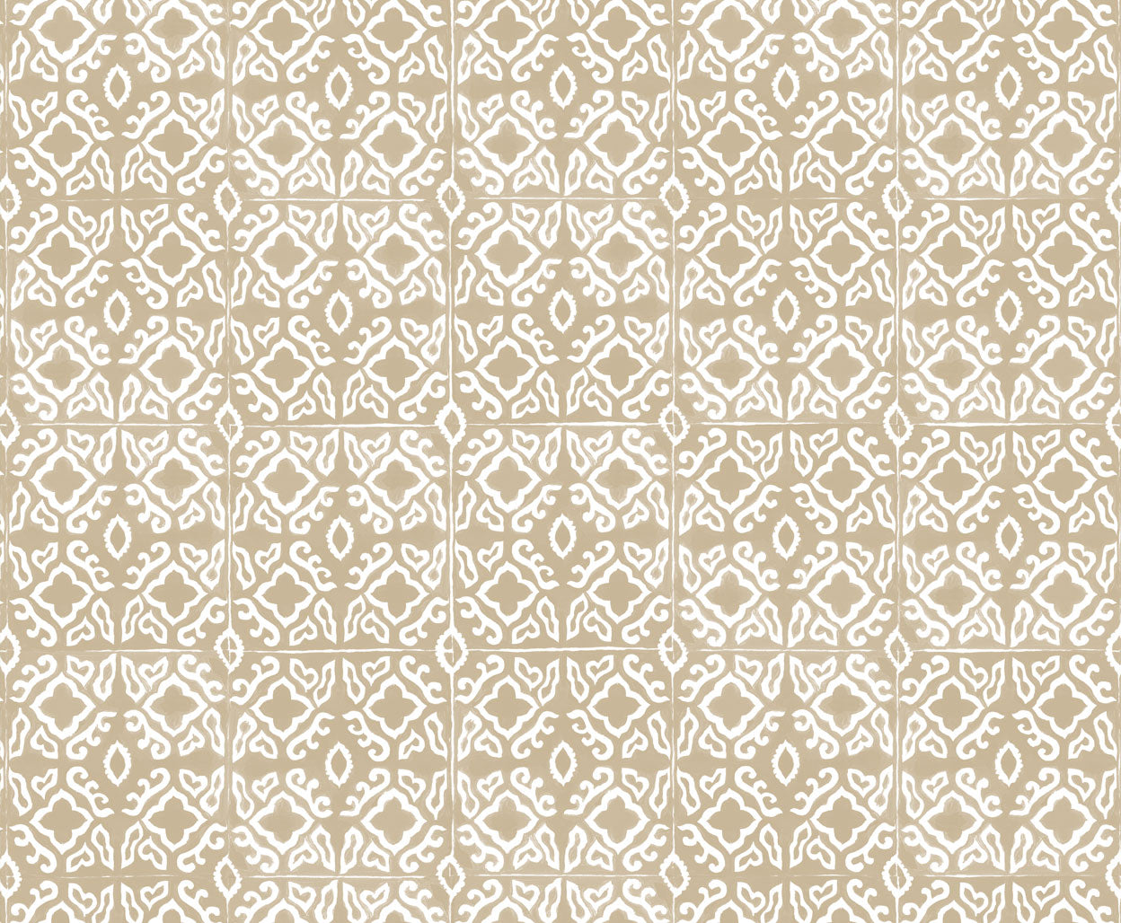 Detail of wallpaper in a gridded damask print in white on a tan field.