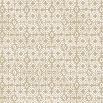 Detail of wallpaper in a gridded damask print in white on a tan field.