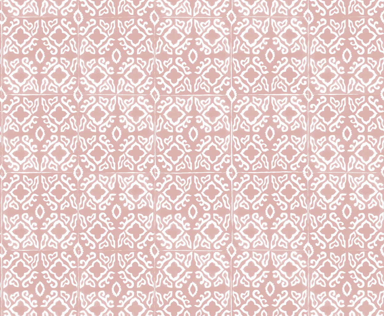 Detail of wallpaper in a gridded damask print in white on a light pink field.